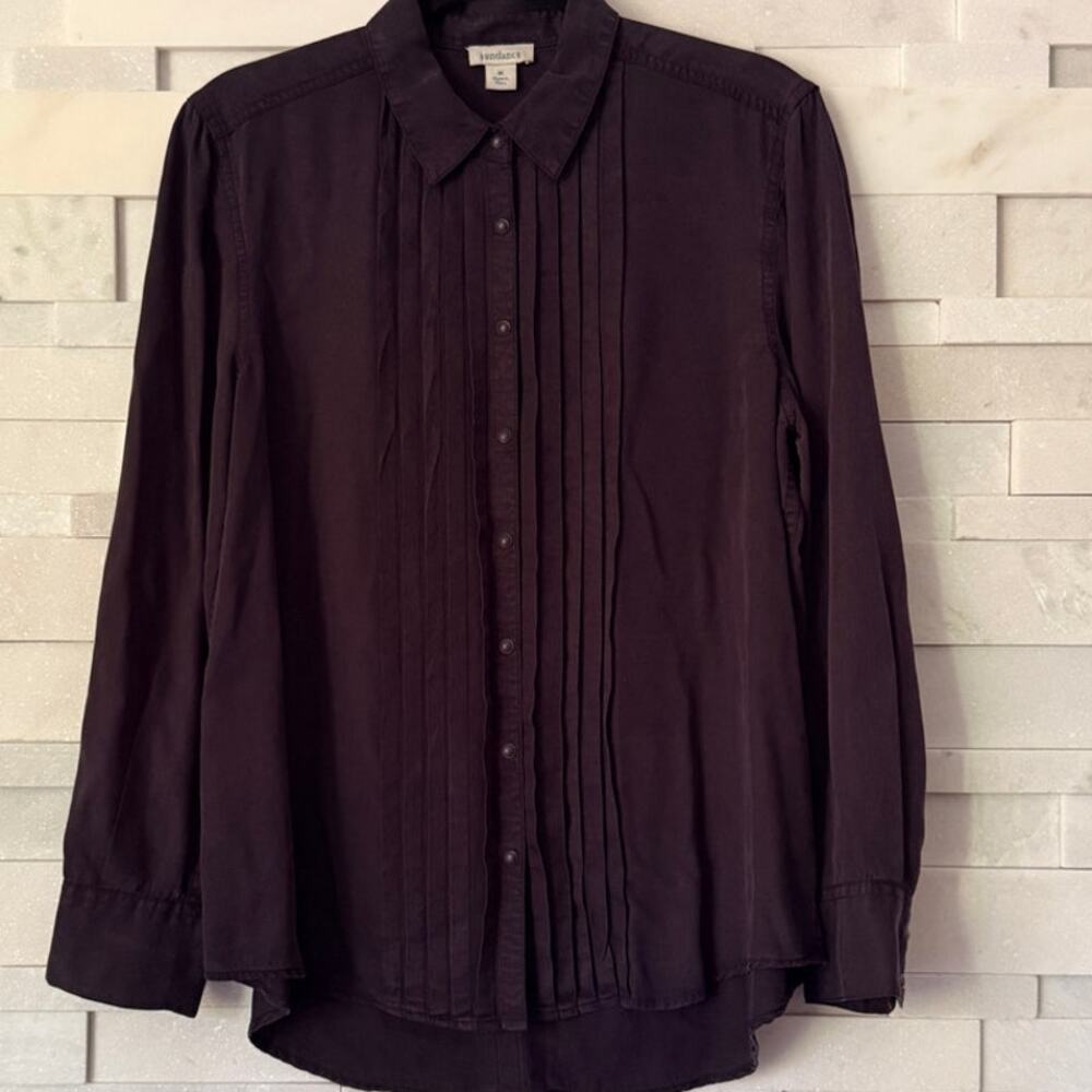 SUNDANCE Alyona Black Long Sleeve Snap Up Pleated L/S Blouse Top Washed Black
